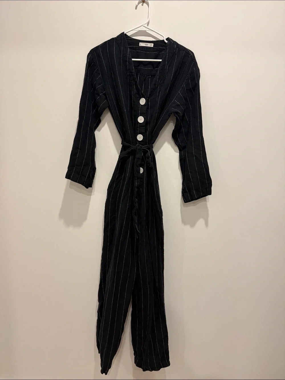 Mango linen stripe long sleeve jumpsuit